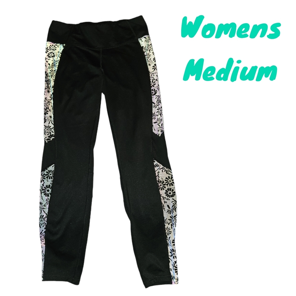 Avia Legging Reflective Lace Flower Running Work Out Gym Athlesiure Women Med